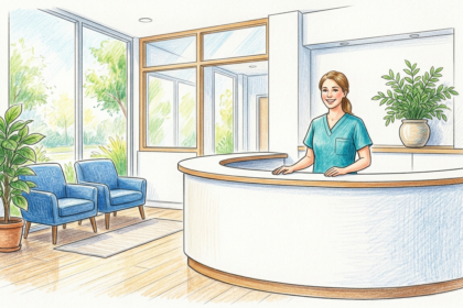 Colored pencil illustration of a bright medical practice reception desk with a receptionist in teal scrubs and blue waiting chairs