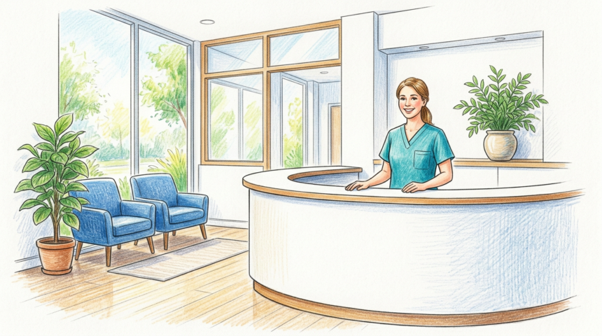 Colored pencil illustration of a bright medical practice reception desk with a receptionist in teal scrubs and blue waiting chairs