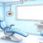 A bright dental exam room with a chair, overhead light, and plain white imaging unit