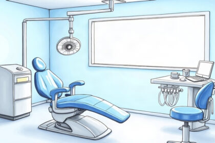 A bright dental exam room with a chair, overhead light, and plain white imaging unit