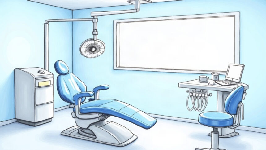 A bright dental exam room with a chair, overhead light, and plain white imaging unit