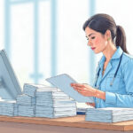 A health agency clerk sorting paper benefit reports at a bright office desk