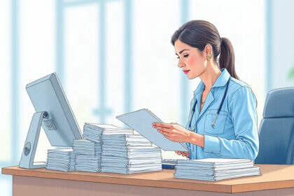 A health agency clerk sorting paper benefit reports at a bright office desk