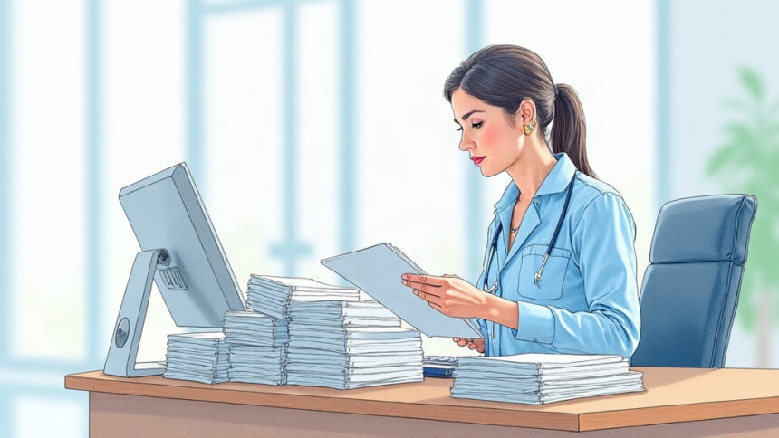 A health agency clerk sorting paper benefit reports at a bright office desk