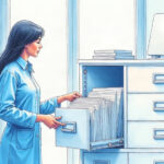 A health records clerk filing paper cards into a tall pale cabinet in a bright office