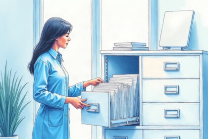 A health records clerk filing paper cards into a tall pale cabinet in a bright office