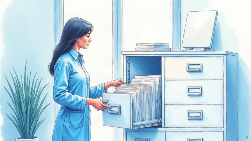 A health records clerk filing paper cards into a tall pale cabinet in a bright office
