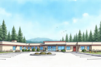 A modest rural hospital campus surrounded by pine trees under a clear sky