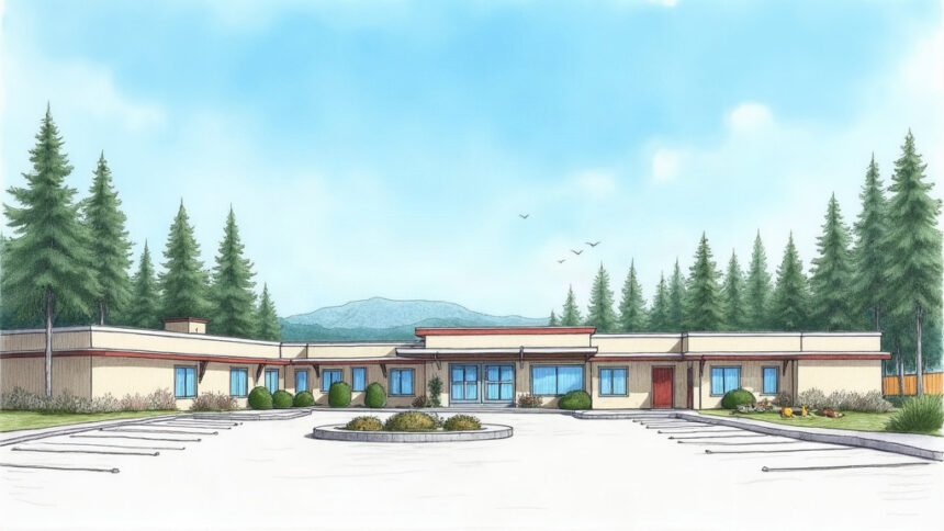 A modest rural hospital campus surrounded by pine trees under a clear sky