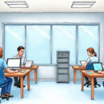 Hospital finance and HR staff working at desks beside a tall gray server cabinet