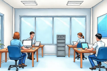 Hospital finance and HR staff working at desks beside a tall gray server cabinet