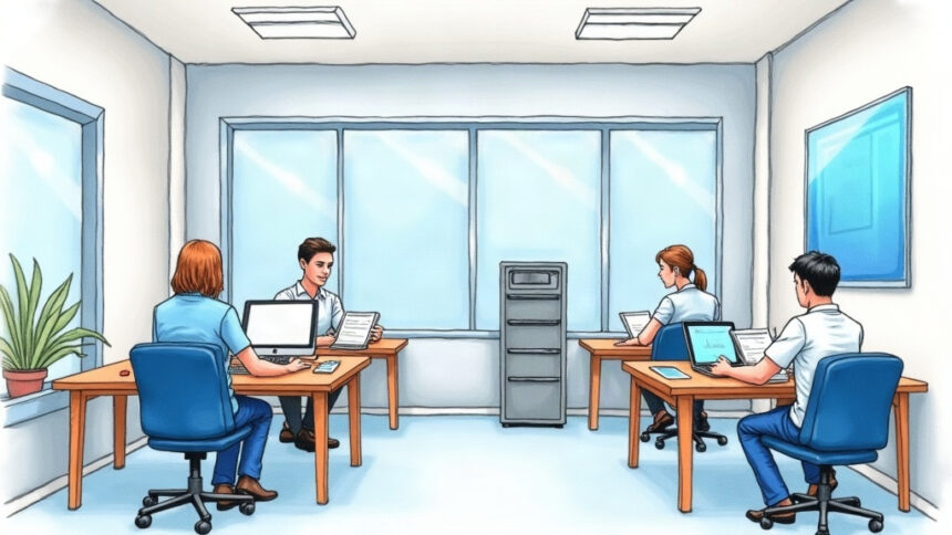 Hospital finance and HR staff working at desks beside a tall gray server cabinet