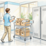 Hospital IT staff moving archive boxes of paper medical records past plain server cabinets