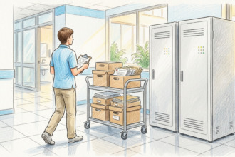Hospital IT staff moving archive boxes of paper medical records past plain server cabinets