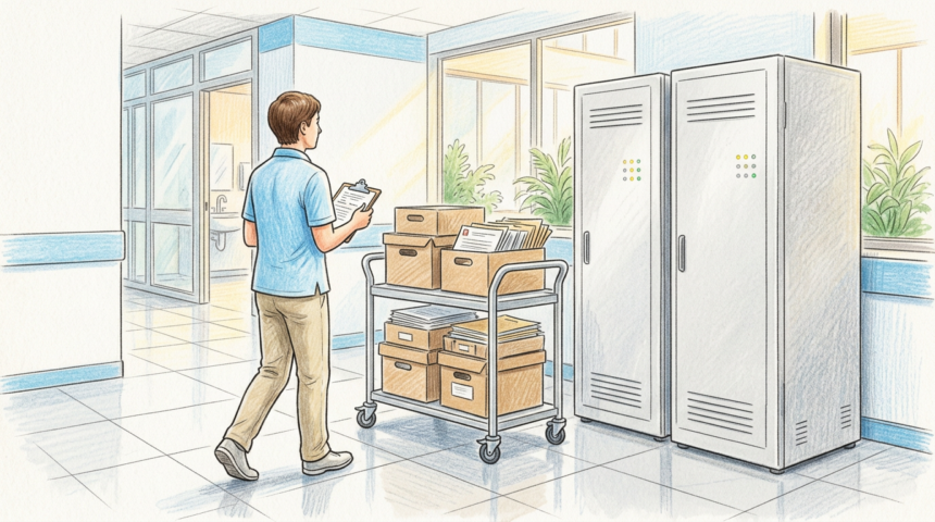 Hospital IT staff moving archive boxes of paper medical records past plain server cabinets