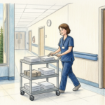Nurse pushing a cart of paper forms down a small rural hospital corridor
