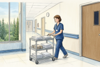 Nurse pushing a cart of paper forms down a small rural hospital corridor