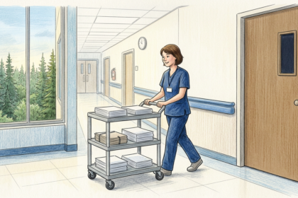 Nurse pushing a cart of paper forms down a small rural hospital corridor