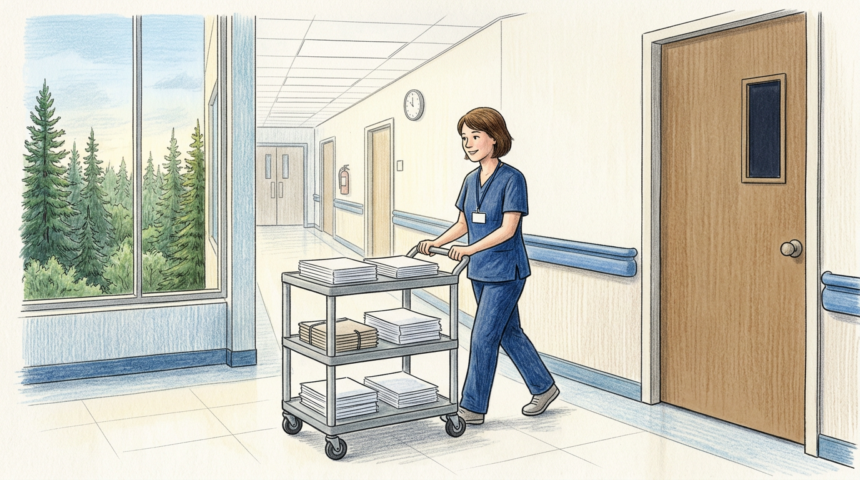 Nurse pushing a cart of paper forms down a small rural hospital corridor