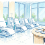 Bright dialysis treatment center with healthcare administrator reviewing papers