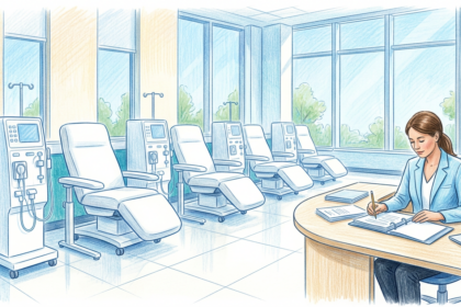 Bright dialysis treatment center with healthcare administrator reviewing papers