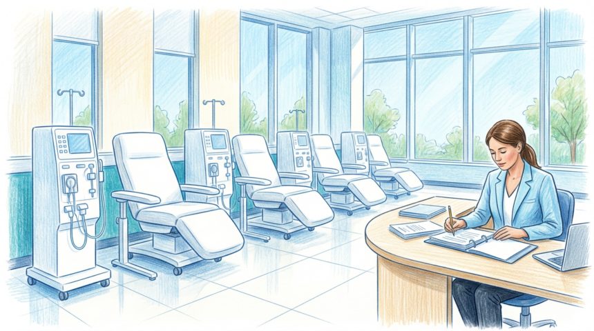 Bright dialysis treatment center with healthcare administrator reviewing papers
