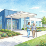 Senior living community with therapist walking alongside a resident