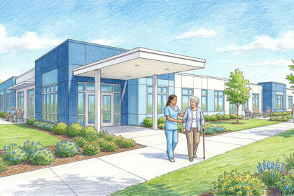 Senior living community with therapist walking alongside a resident