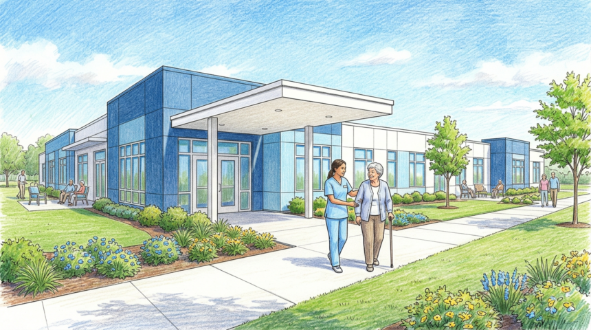 Senior living community with therapist walking alongside a resident