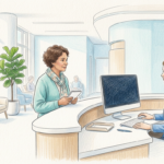 Patient checking in at a modern hospital front desk with receptionist