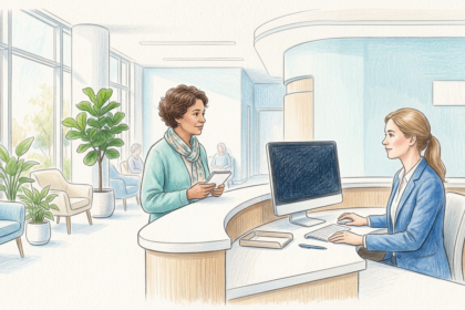 Patient checking in at a modern hospital front desk with receptionist