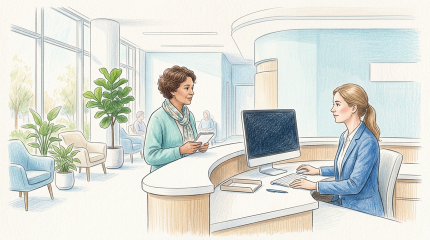 Patient checking in at a modern hospital front desk with receptionist