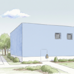 Modern hospital campus building with padlock and cloud above it