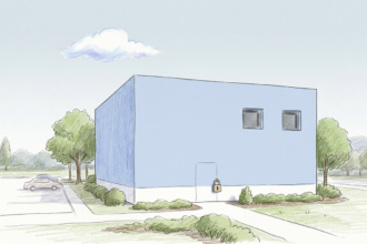 Modern hospital campus building with padlock and cloud above it