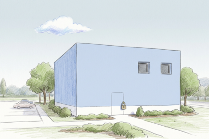 Modern hospital campus building with padlock and cloud above it