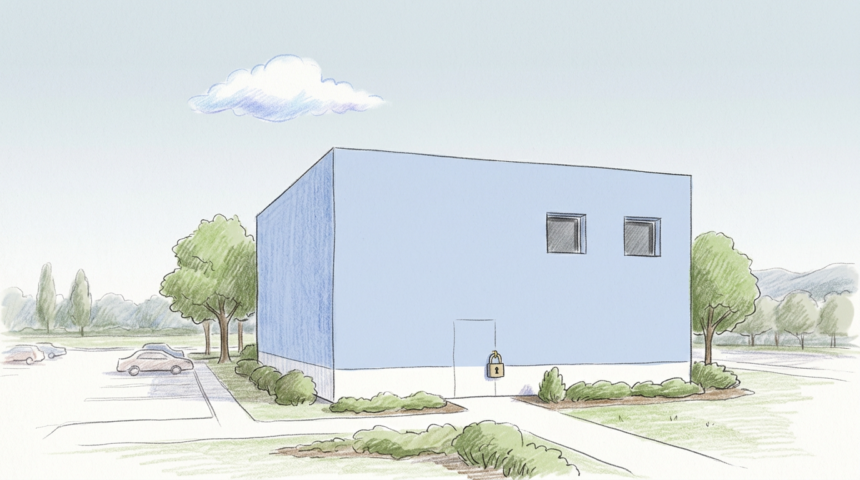Modern hospital campus building with padlock and cloud above it