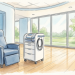 Illustration of an empty oncology treatment suite with a plain white medical cart