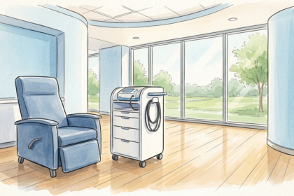 Illustration of an empty oncology treatment suite with a plain white medical cart