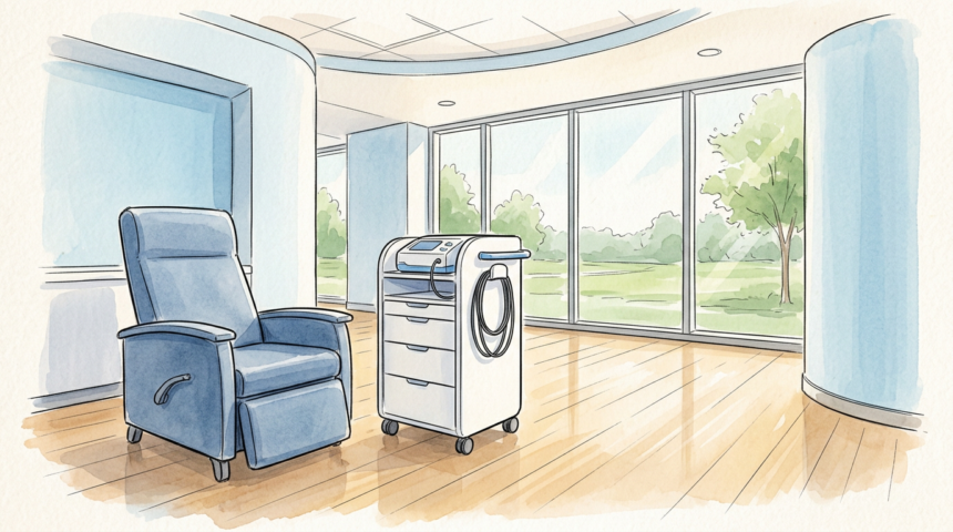 Illustration of an empty oncology treatment suite with a plain white medical cart