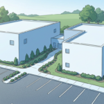 Illustration of a two-building community hospital campus in a suburban setting