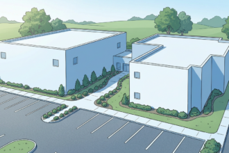 Illustration of a two-building community hospital campus in a suburban setting