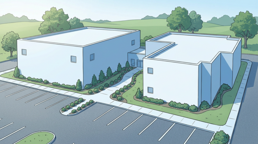 Illustration of a two-building community hospital campus in a suburban setting