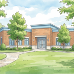 Illustration of a cancer care clinic building exterior with trees and a walking path