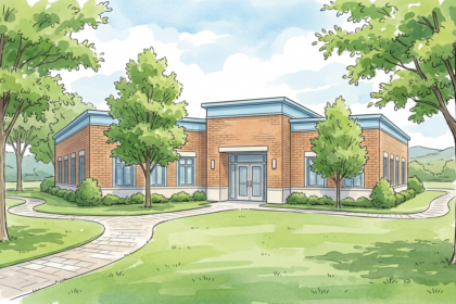 Illustration of a cancer care clinic building exterior with trees and a walking path