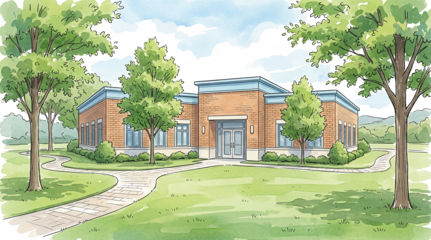 Illustration of a cancer care clinic building exterior with trees and a walking path