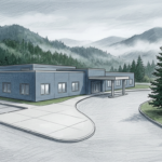 Illustration of a Pacific Northwest outpatient surgical center with evergreen trees
