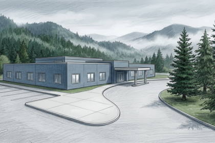 Illustration of a Pacific Northwest outpatient surgical center with evergreen trees