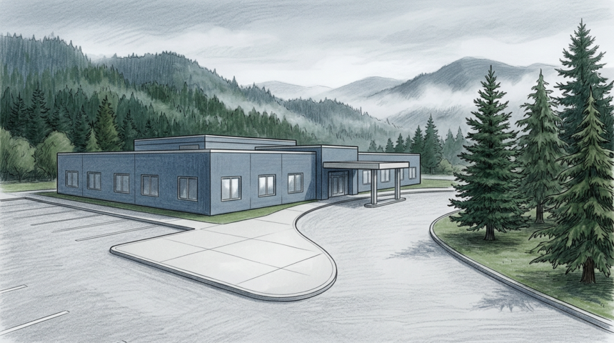 Illustration of a Pacific Northwest outpatient surgical center with evergreen trees