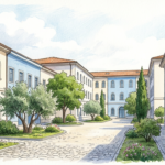 Illustration of a European healthcare campus courtyard with cream and blue buildings