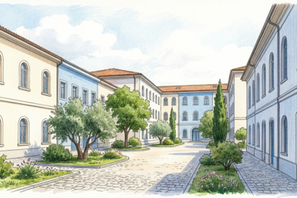 Illustration of a European healthcare campus courtyard with cream and blue buildings